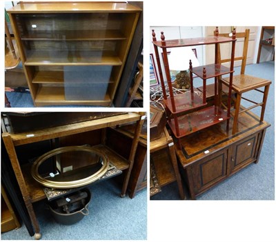 Lot 1007 - A reproduction teak TV unit, tea trolley, glazed bookcase, bamboo shelves, three mirrors and a...