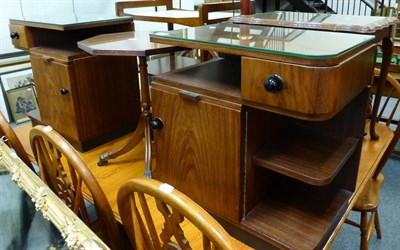 Lot 1017 - A pair of Art Deco style bedside cabinets, a modern standard lamp, a tea trolley, a nest of...