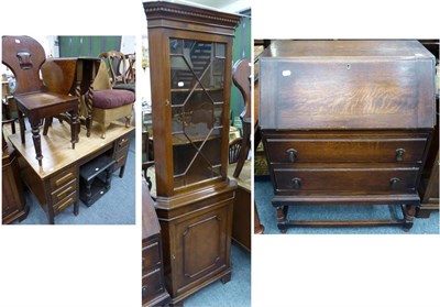 Lot 1030 - A glazed mahogany corner cupboard, an oak desk, Lloyd Loom chair, a gateleg table, a bureau, etc