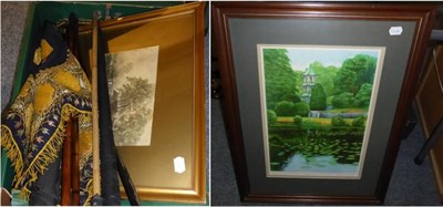 Lot 1043 - Gold thread panels, walking sticks, umbrellas and two pictures