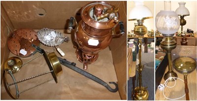 Lot 1049 - A Victorian brass telescopic lamp, warming pan, brass lamp etc