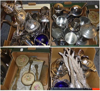 Lot 1050 - A quantity of pewter and silver plate together with a 1950s dressing table set (in four boxes)