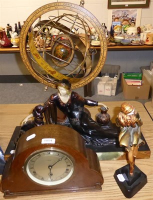 Lot 1054 - Two modern Art Deco figure groups, oak cased mantel clock and modern orrery (4)