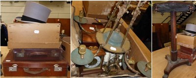 Lot 1077 - Assorted items of luggage, light fittings, boxed top hat and a Victorian games table