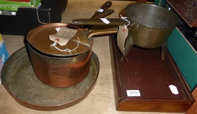 Lot 1078 - Two 19th century copper pans, an 18th century bronze trivet pan and a quantity of 19th century...