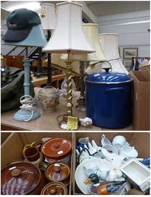 Lot 1084 - Three boxes of household ceramics, lamps, pottery pedestal, etc