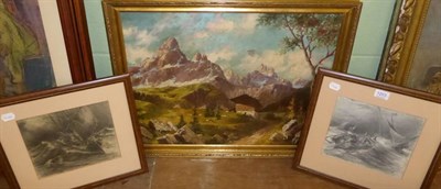 Lot 1203 - Fengler, A view of the Dolomites, oil on canvas, together with a pair of pencil drawings...