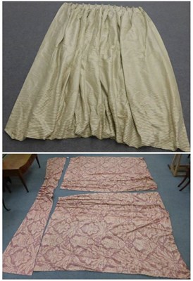 Lot 1378 - Pair of cotton chintz floral lined curtains with interlining and matching pelmet, cream and...