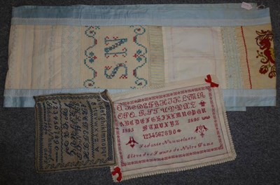 Lot 1385 - Two late 19th century French alphabet samplers worked in red and blue threads (unframed),...