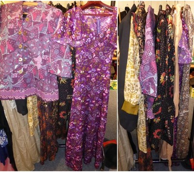 Lot 1403 - Assorted circa 1970's Wallis and other cotton printed long dresses, wool mini dress, gents...