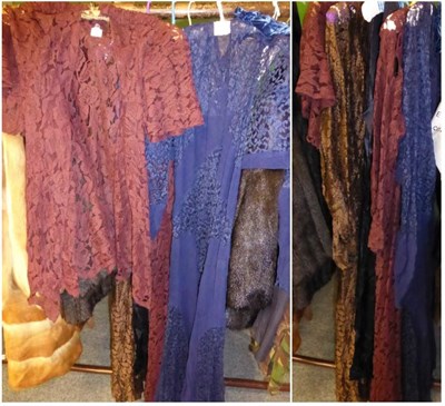 Lot 1407 - Three circa 1930s lace mounted dresses, including a navy lace sleeveless bias cut dress with...