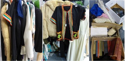 Lot 1415 - Assorted modern costume, cream rabbit fur jacket, waistcoats, ladies wear, separates and four boxes