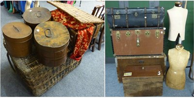 Lot 1432 - * Wicker laundry basket, three tin hat boxes and card boxes, Yugin & Sons mannequin on stand...