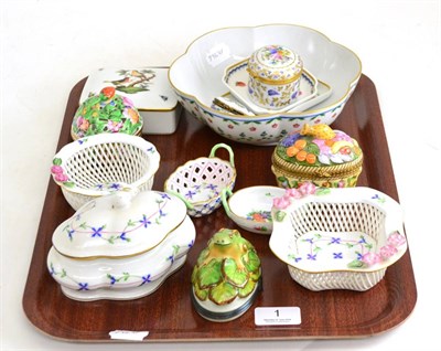 Lot 1 - A tray including a Herend trinket box and cover, a Herend box and cover, Herend baskets, a...