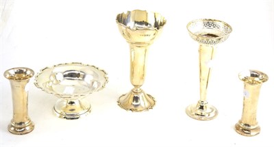 Lot 5 - A silver pedestal bowl, two large bud vases and two small bud vases (5)