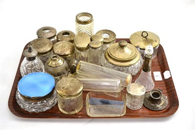 Lot 9 - A tray of toilet jars some with silver mounts, a perfume atomiser, etc