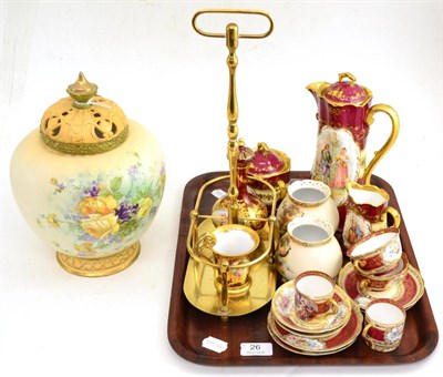 Lot 26 - Royal Vienna vase and cover, Vienna coffee set, brass bottle stand, etc