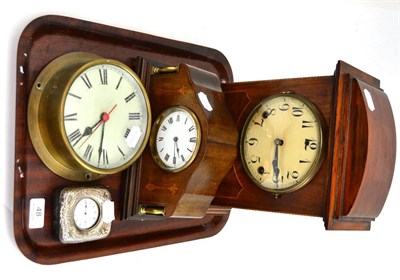 Lot 48 - Two Edwardian inlaid mahogany clocks, a brass ship's clock and a pocket watch in silver...