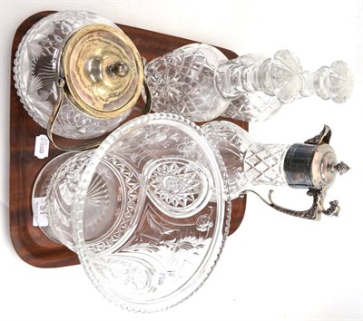 Lot 51 - A silver plated and cut glass claret jug, two decanters with stoppers, cut glass vase and a...