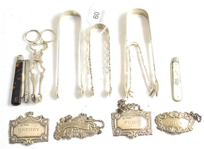 Lot 60 - Assorted silver collectables including sugar nips and wine labels