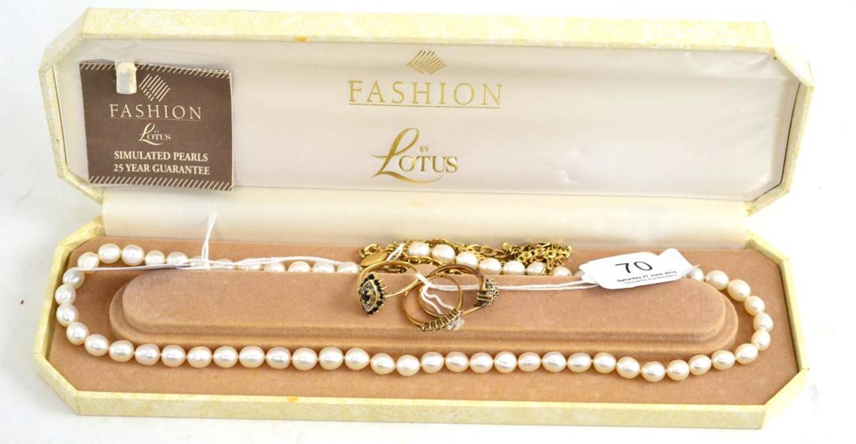 Lot 70 - Three diamond set rings, two bracelets and a strand of Lotus pearls