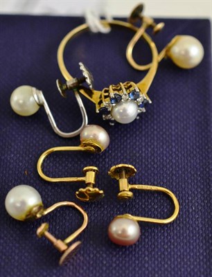 Lot 73 - A gold, diamond, sapphire and pearl? ring and three pairs of earrings