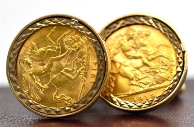 Lot 80 - A pair of 9ct gold cufflinks with attached half sovereigns dated 1913 and 1914