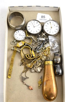 Lot 85 - Three pocket watches, assorted dress watches and costume jewellery and a small copper powder flask
