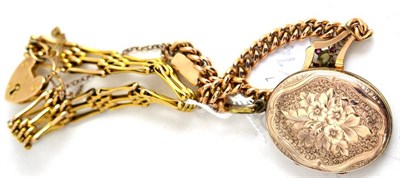 Lot 94 - A gate bracelet, an opal and ruby set panel on a gold plated bracelet and a locket (3)