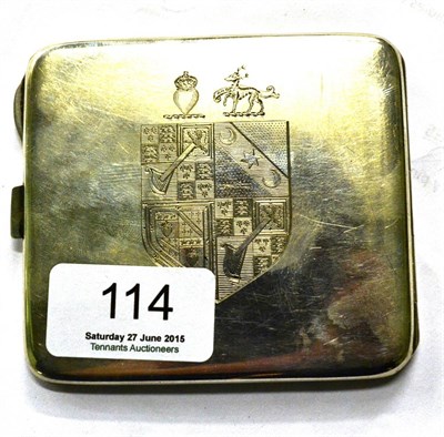 Lot 114 - A cigarette case, the covers engraved with complex coats of arms, crests and motto's, stamped E...