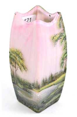 Lot 121 - An Art Deco Lamartine French glass vase, enamelled with a landscape, signed Lamartine (chips to...