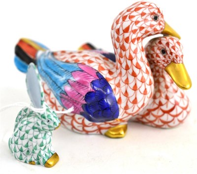 Lot 129 - A Herend group of two ducks, together with a miniature Herend rabbit