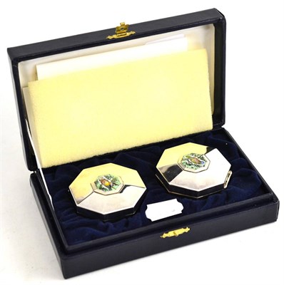 Lot 133 - A pair of silver, frosted silver and enamel boxes, to commemorate Jersey Wildlife Preservation...
