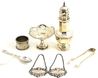 Lot 142 - Silver sugar caster, bonbon dish, two wine labels, teaspoon, plated napkin ring and a pair of tongs