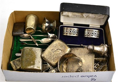 Lot 146 - A collection of small silver including vesta cases, salts, teaspoons, a child's rattle, silver...