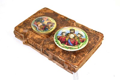 Lot 156 - Two ceramic pot lids and a book entitled ";Les Reports de Sir Creswell Levine"