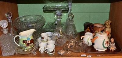 Lot 161 - Assorted cut and moulded glassware, tazza's, decanters and stoppers, two Beatrix Potter...