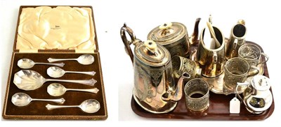 Lot 175 - A silver plated teapot, coffee pot, sugar bowl, cream jug, tray and four cup holders, a cased...