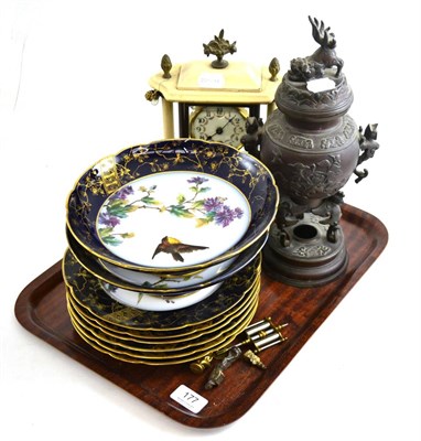 Lot 177 - Limoges part dessert service, French mantel clock and a Japanese bronze vase and cover