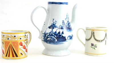 Lot 202 - Liverpool blue and white coffee pot, Caughley cylindrical mug and Derby porcelain mug (3)