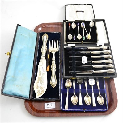 Lot 208 - Two sets silver teaspoons, fish servers and knives