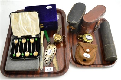 Lot 211 - Two trays, cased silver teaspoons, plated ware, cased compasses, binoculars and telescope etc
