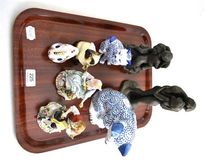 Lot 225 - Royal Crown Derby china paperweight, Beswick pottery cat, pair of German porcelain figures and four
