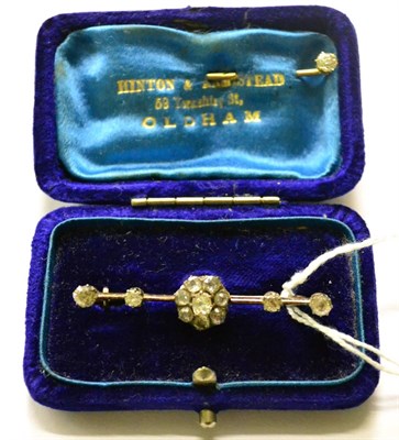 Lot 232 - A diamond bar brooch, a diamond stick pin and a diamond stud