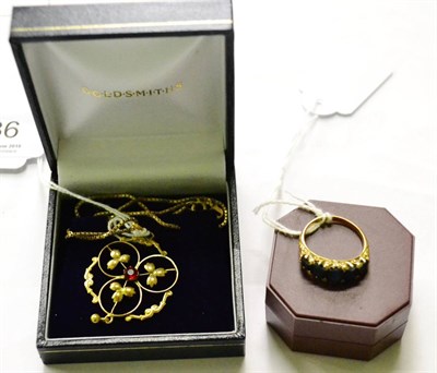 Lot 236 - Five stone ring, stamped 18ct, 9ct gold box link chain with pendant stamped 9ct