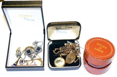 Lot 258 - Silver shields, a pair of 9ct gold blue john earrings, a t-bar, assorted earrings, locket on chain