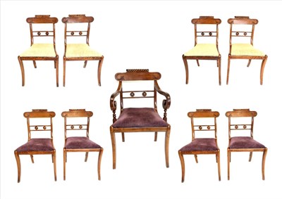 Lot 948 - A Set of Nine Brown Oak Dining Chairs, circa 1830, with gadrooned and curved top rails above...