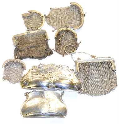 Lot 259 - A silver purse, two silver mesh purses, four white metal mesh purses and a silver plated purse