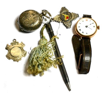Lot 273 - 9ct gold wristwatch, silver sovereign case, two silver medals and a sterling propelling pencil