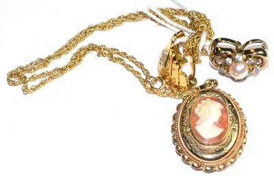 Lot 280 - A 9ct gold cameo locket pendant on chain and two pearl strand clip-ons